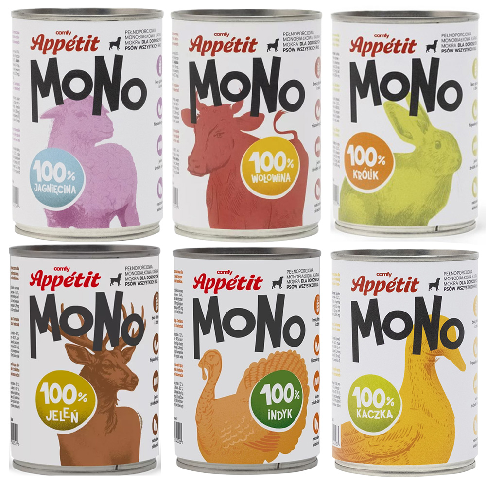 Comfy Appetit Mono Monoproteinowa Karma Mokra Dla Psa Puszka Zestaw 6 sztuk MIX 400g